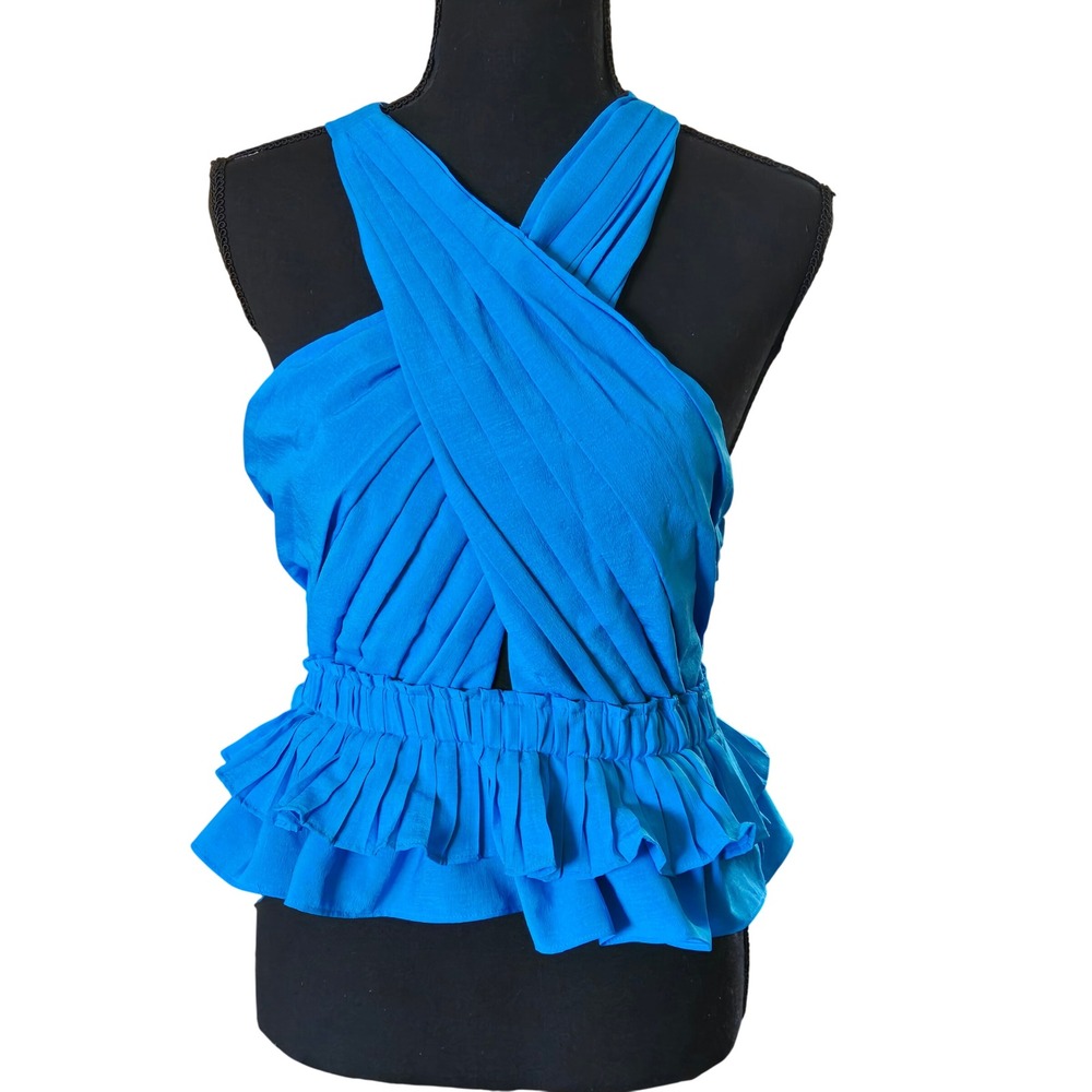 DO+BE Blue Criss-Cross Pleated Halter Peplum Top Smocked Waist Size M